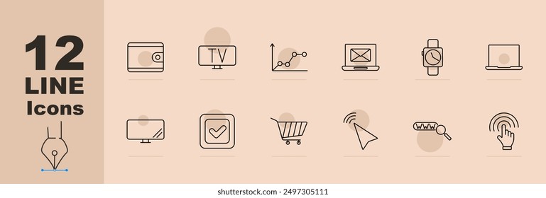 Digital device set icon. Wallet, TV, graph, email, smartwatch, laptop, desktop monitor, checkmark, shopping cart, arrow cursor, password, touch screen