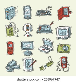 Digital device sketch set with smartphone laptop computer monitor keyboard isolated vector illustration