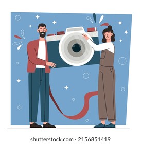 Digital device for taking photos. Young man and woman holding or carrying large camera. Professional tool for photographers. Capture memorable moments of life. Cartoon flat vector illustration