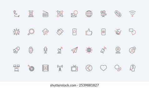 Dispositivo digital, tecnologia para conexão on-line e conjunto de ícones de linha de troca de dados. TV e antena, mensagens de bate-papo em mídia social e rádio, e-mail fino preto e vermelho esboço símbolos ilustração vetorial