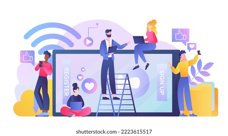 Digital device users. Modern technologies and digital world. Social networks and instant messengers. Registration and authorization, communication on Internet. Cartoon flat vector illustration