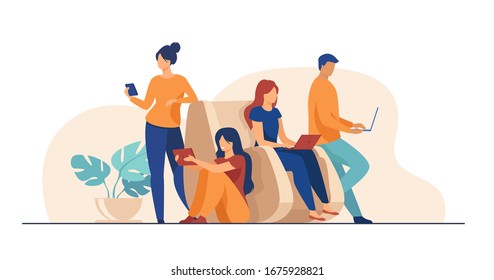 Digital device users spending time together. Group of men and women using laptop computers, tablet, smartphone. Vector illustration for web browsing, internet surfing, public access concept