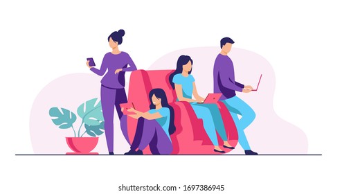 Digital device users spending time together. Group of men and women using laptop computers, tablet, smartphone. Vector illustration for web browsing, internet surfing, public access concept