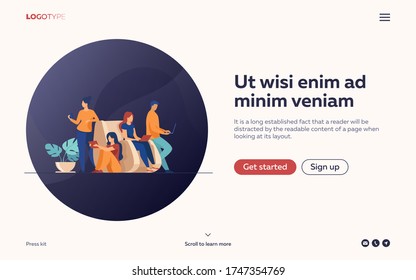 Digital device users spending time together. Group of men and women using laptop computers, tablet, smartphone. Vector illustration for web browsing, internet surfing, public access concept