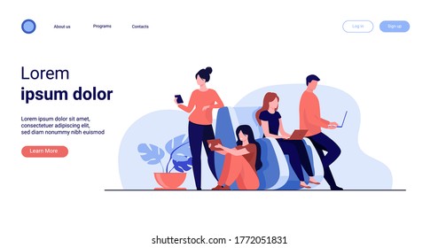 Digital device users spending time together. Group of men and women using laptop computers, tablet, smartphone. Vector illustration for web browsing, internet surfing, public access concept