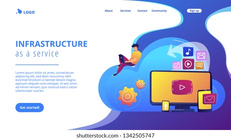 Digital devices and businessman with laptop on cloud using IaaS. Cloud based engine, infrastructure as a service, virtual machine on demand concept. Website vibrant violet landing web page template.