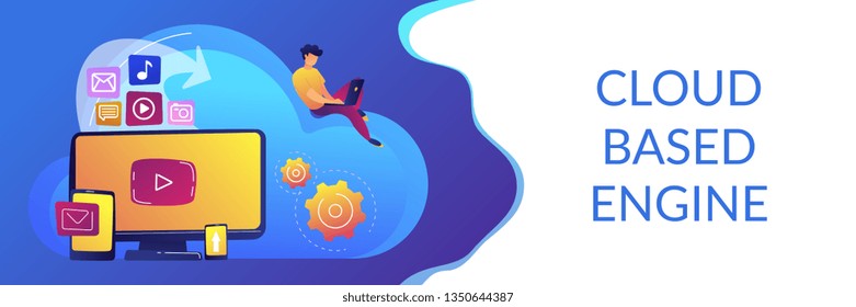Digital devices and businessman with laptop on cloud using IaaS. Cloud based engine, infrastructure as a service, virtual machine on demand concept. Header or footer banner template with copy space.
