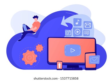 Digital devices and businessman with laptop on cloud using IaaS. Cloud based engine, infrastructure as a service, virtual machine on demand concept. Pinkish coral bluevector isolated illustration