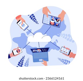 Digital devices connected to cloud vector illustration. Hands holding smartphones, tablets, laptop, communicating online. Global connectivity, social media, digital connection hub concept