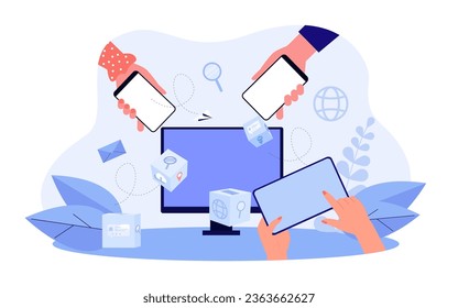 Digital devices connected with network vector illustration. Hands holding smartphones and tablets, sending files and online data to computer screen. Global connectivity, social media concept