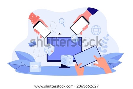 Digital devices connected with network vector illustration. Hands holding smartphones and tablets, sending files and online data to computer screen. Global connectivity, social media concept