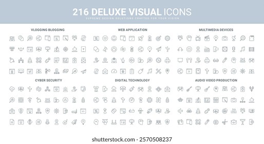 Digital devices, cyber security, web application line icon set. Software, mobile app for vlogging and blogging, multimedia content creation, broadcasting thin black outline symbols vector illustration