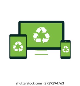 Digital devices displaying green recycle symbols in modern flat style