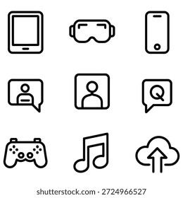 Dispositivos digitais e ícones de entretenimento fone de ouvido de realidade virtual tablet