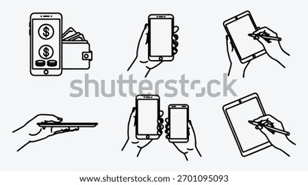 Digital devices and financial transactions icon set with mobile banking theme