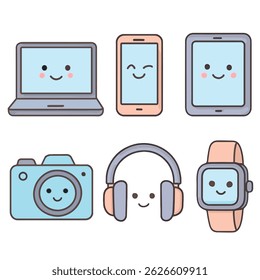 Digital Devices Icon Set - Flat Vetor of Laptop, Smartphone, Tablet, Camera, Headphones, and Smartwatch (Conjunto de ícones de dispositivos digitais)