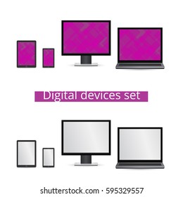 Digital devices icon set. smart phone, tablet and desktop computer. Flat vector illustration mock up.
