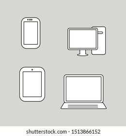 digital devices icon set;  smartphone, tablet, desktop and laptop computer isolated on grey background. vector illustration 