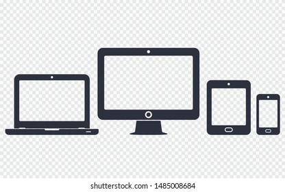 Digital devices icons set: mobile phone, tablet, laptop and desktop computer. Vector illustration of responsive web design.
