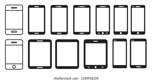 Digital devices icons, smartphones with button isolated on white background. Vector design set element illustration for web, apps, internet - Vector