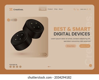 Digital Devices, Landing Page With 3D Mini Speaker Illustration.