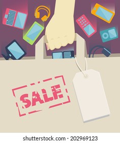 Digital devices as laptop, desktop computer, mobile phones, headset and portable music players falling into a paper shopping bag with blank label, held by a customer