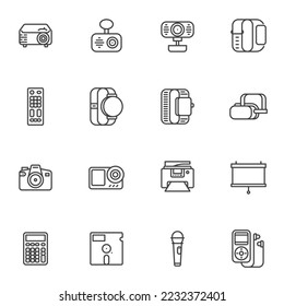 Digital devices line icons set, outline vector symbol collection, linear style pictogram pack. Signs, logo illustration. Set includes icons as smartwatch, photo camera, projector, fax machine, webcam