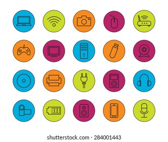 Digital devices linear icons set. Vector line art