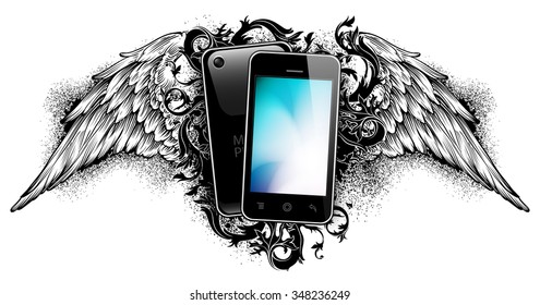 Digital devices on the decorative background with wings