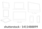 Digital devices, outline modern laptop, tablet, smartphone and computer. Set vector illustrations.-Vector 
