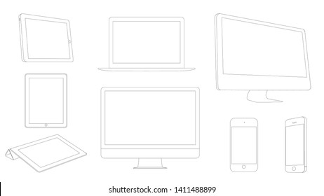 Digital devices, outline modern laptop, tablet, smartphone and computer. Set vector illustrations.-Vector 