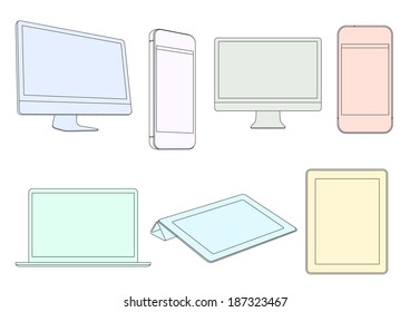 Digital devices in pastel colors. Vector set 
