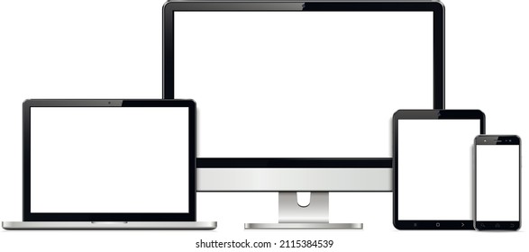 Bildschirm "Digitale Geräte"ist hochgeschossen. Smartphone, Tablet, Laptop und Computerbildschirm mit leerem Bildschirm.