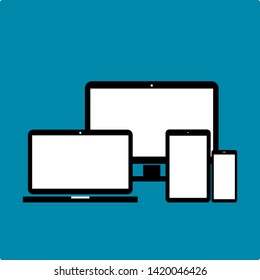 digital devices set; blank white screen computer monitor, laptop, tablet and smartphone on blue background. vector illustration 
