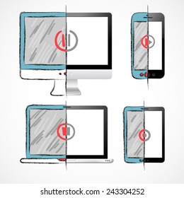 Digital devices set with computer monitor smartphone laptop tablet half sketch half realistic isolated vector illustration