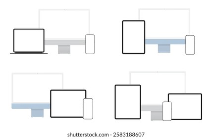 Digital Devices Set Mockups, Computer Monitor, Smartphone, Tablet, Front View. Vector Illustration