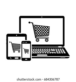DIgital devices with shopping cart icons. Online shopping icons