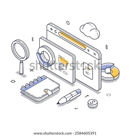 Digital devices, stationery items, and search tools, emphasizing a modern workspace concept and productivity. Online business workflow concept. Modern isometric line art vector illustration