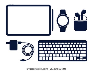 Digital devices vector illustration featuring tablet, keyboard, smartwatch, earbuds, and charger accessories.