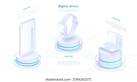 Digital devices white poster. Headphones, powerbank and laptop. Modern technologies and innovations. Landing page design. Cartoon isometric vector illustration isolated on white background