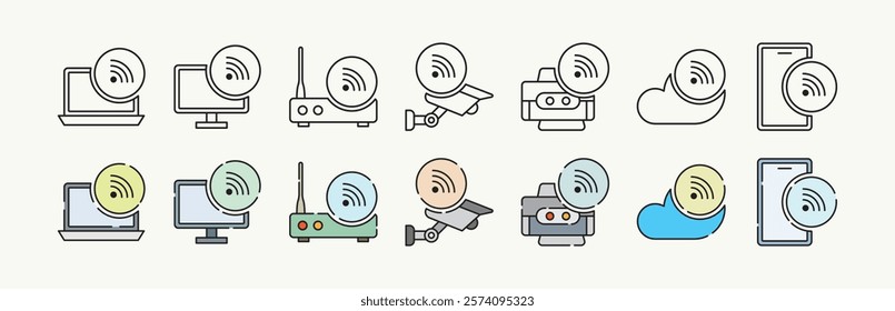 Digital devices with wireless connection representative line and flat color with outline icon set design