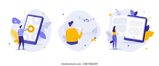 Digital devices for work and study flat concept vector illustrations set. Setting gadgets via mobile phone cartoon composition. Drone and e-book integration idea for website, presentation