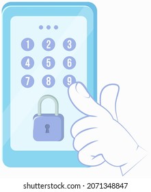 Digital dial plate of security lock or telephone keypad. Fingers pressing buttons trying to crack password. Mobile phone with numbers and padlock. Device entering security system code. Data protection