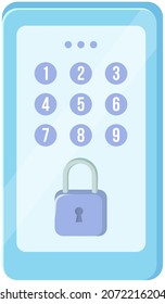 Digital dial plate of security lock or telephone keypad. Mobile phone with numbers and padlock. Device entering security system code. Data protection, security concept. Smartphone with combination