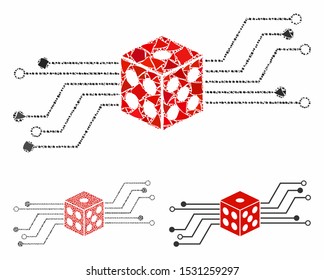 Digital dice circuit composition of abrupt parts in different sizes and color tones, based on digital dice circuit icon. Vector tremulant parts are grouped into collage.