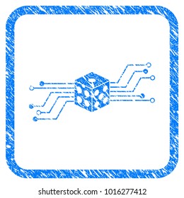 Digital Dice Circuit grunge textured icon inside rounded rectangle for overlay watermark imitations. Flat symbol with dust texture.