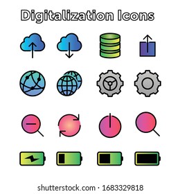 digital digitalization gradient concept ui ux icon set vector cloud sync zoom out earth global mobile database screencast battery mobile share globe planet shut down power off