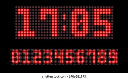 Digital diode panel. Glowing diode bulbs for displaying the time. A set of numbers on the diode panel. Vector