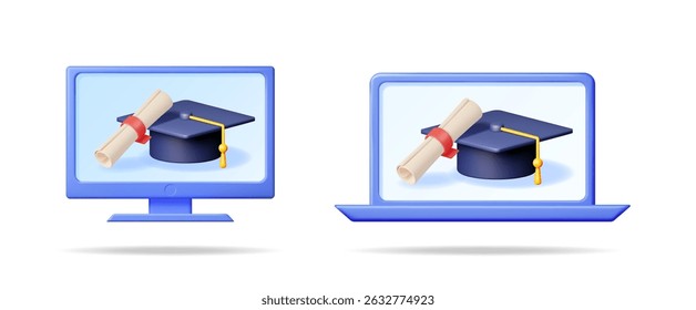 Diploma digital e tampa de graduação na tela do computador e laptop. Educação on-line, conceito de programa de e-learning para estudo remoto.