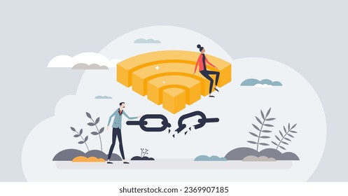 Digital disconnect and exit internet technology for detox tiny person concept. Connection lost because of wifi maintenance or wireless breakdown vector illustration. Leave social media for relaxation